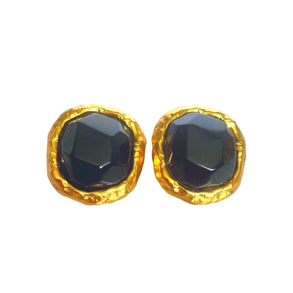 Anne Klein Couture rare 1980s vintage rustic cabochon & frame dark blue earrings